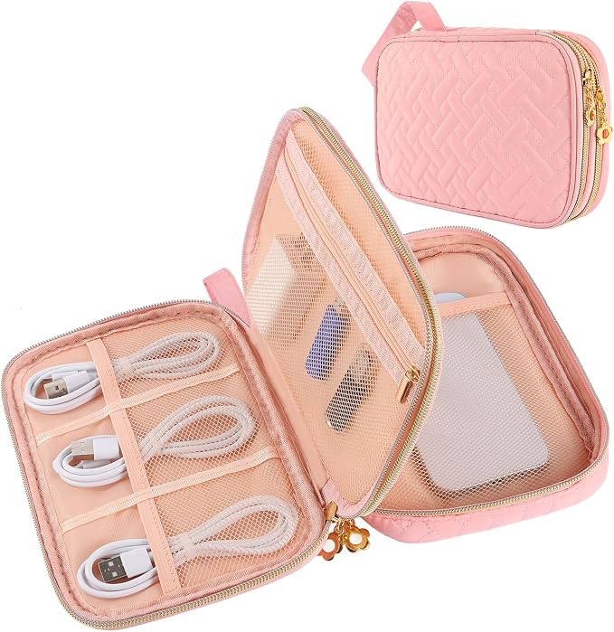 Electronics Organizer Travel Case, Charger Bag Cord Organizer Travel, Compact Tech Pouch Cable Organizer Bag for Charger, Cords, Phone, Headphones, Flash Drive, SD Card (Pink, Small-Double Layer) by ZFZGFRCS