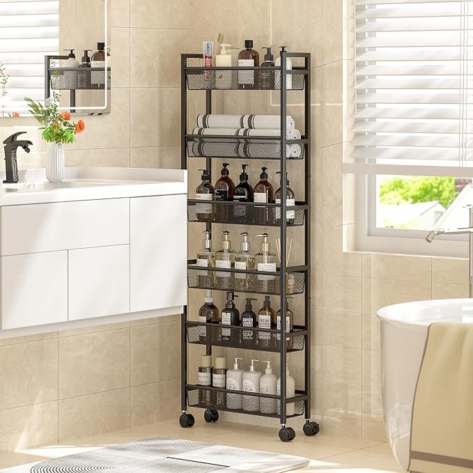 ThreeHio 6 Tier Slim Storage Cart, Narrow Cart with Wheels, Metal Mobile Shelving Unit Organizer for Kitchen, Bathroom, Laundry Room, Living Room & Narrow Spaces, Black, 6in(W) - Image 6