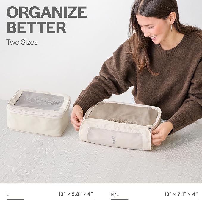 Compression Packing Cubes for Travel, 2-Pack, Beige | Solves overpacking, 2-Piece set fits most carry-ons, 50% Space savings, Compression luggage organizer bags - Image 3
