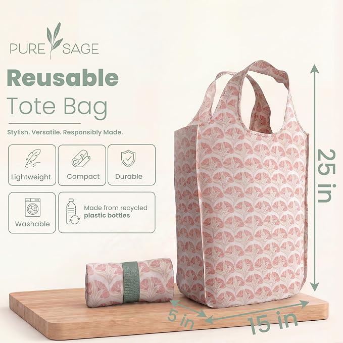 Pure Sage Reusable Grocery Bag - Stylish Shopping Bags for Groceries - Foldable Tote Bag - Image 2