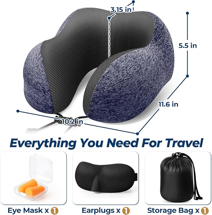ExploreBliss Travel Pillow, Neck Pillow Airplane, Mottled Blue | Travel Pillows for Airplanes, Neck Pillow Airplane, Memory Foam Neck Pillow Set with Eye Mask, Earplugs - Image 2