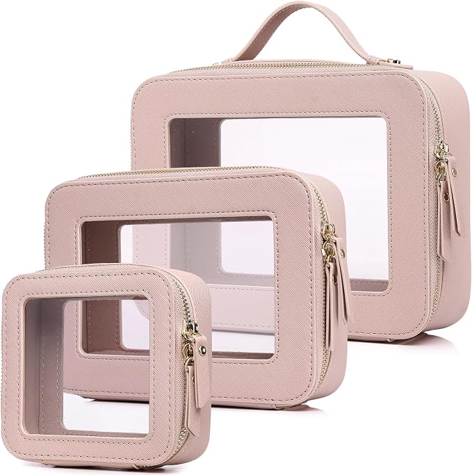 Pinkmik Clear Makeup Bag, (Pink, L+M+MINI) | Waterproof, Travel Case for Cosmetics and Toiletries, Women's Purse Organizer, Clear Car Bag with Zipper by Pinkmik