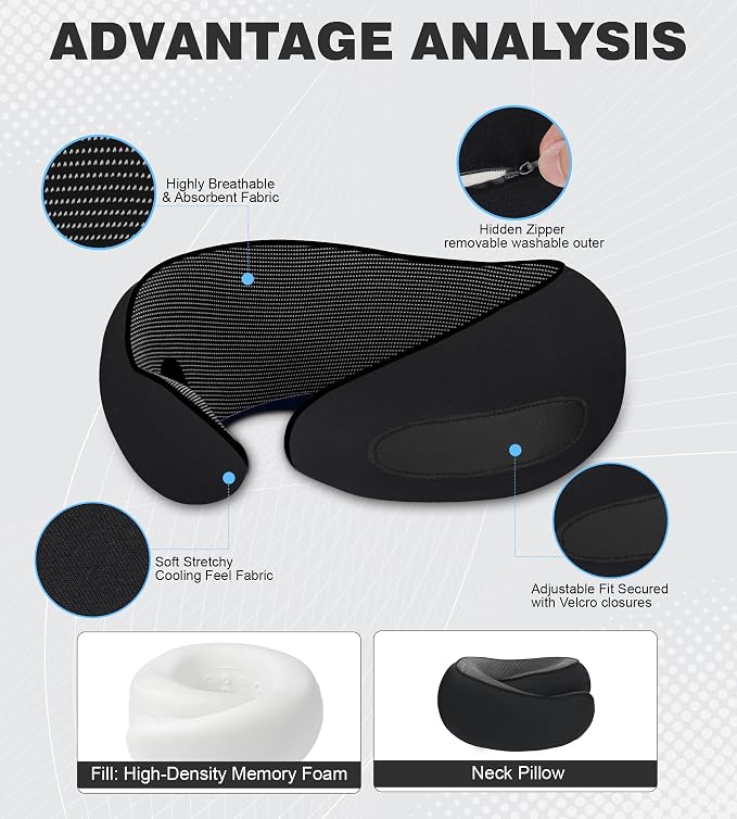 Neck Pillow for Traveling, New Upgraded Travel Neck Pillow, 100% Pure Memory Foam Travel Pillow for Flight Headrest Sleep,Portable Aircraft Accessory,Suitable for use on Plane/Car/Office(Black) - Image 3