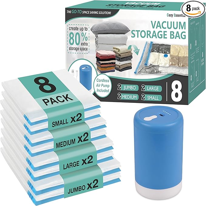 Cozy Essential Travel Vacuum Storage Bags with Rechargeable Cordless USB Pump, Space Saver Bags for Luggage, Suitcase, Carry-On, for Clothes, Blankets, Bedding & Seasonal Storage,8 Combo by CozyEssential