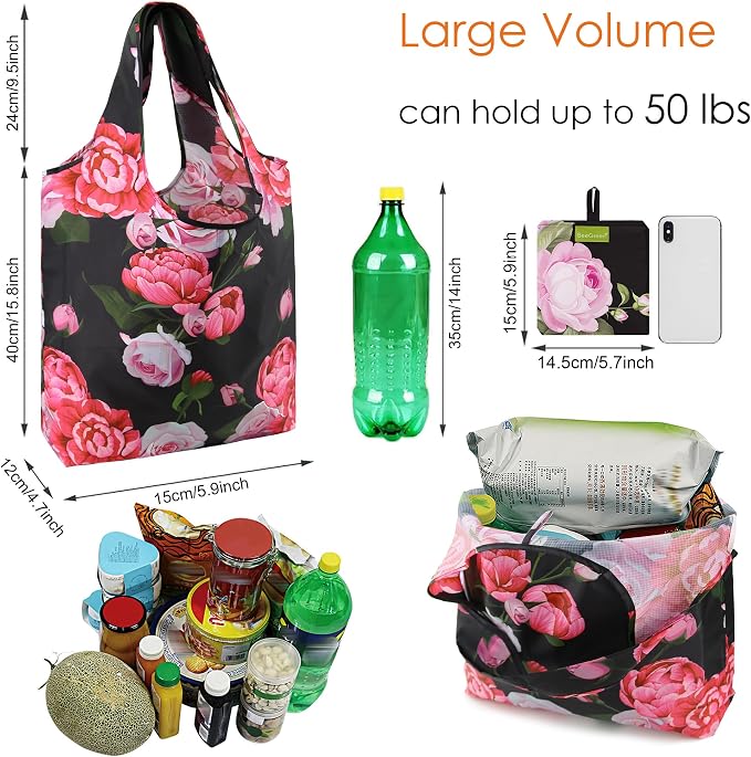 BeeGreen Flower Reusable Shopping Bags Cute Grocery Bag 6 Pack, Christmas Gift Bags Heavy-Duty Foldable Shopping Totes for Supermarket, Work & Travel, Large Washable Polyester Tote Bag with Handles - Image 3