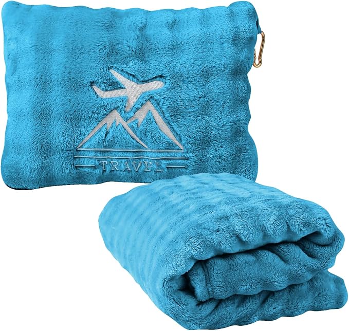 Travel Blanket and Pillow-2-in-1, Ultra-Soft&Compact, One-Piece Airplane Blanket with Hand Luggage Belt and Backpack Clip,Travelers Accessories Gifts, 61x43 Inches (Green) by Unknown