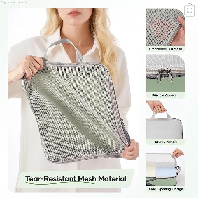 Veken 11 Set Compression Packing Cubes Garment Bags for Travel Essentials,Compressible Expandable Luggage Organizer Bags for Clothing,Space Saver Bags with Over 1000 pcs of Mesh Holes(Matcha Green) - Image 5