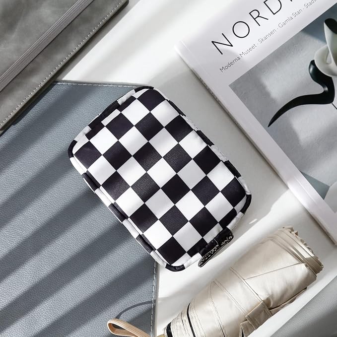 E-Tree Cute Small Makeup Bag, Cosmetic Toiletry Skin Care Make up Little Items Pouch for Purse,Zipper Mini Tech Charger Cable Electronic Organizer Case,Travel Accessories for Women Men Teen,Checkered - Image 6