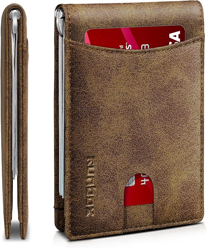 RUNBOX Slim Wallet for Men Genuine Leather RFID Blocking Bifold Minimalist Front Pocket Mens Wallet with Money Clip Thin Gift Box by RUNBOX