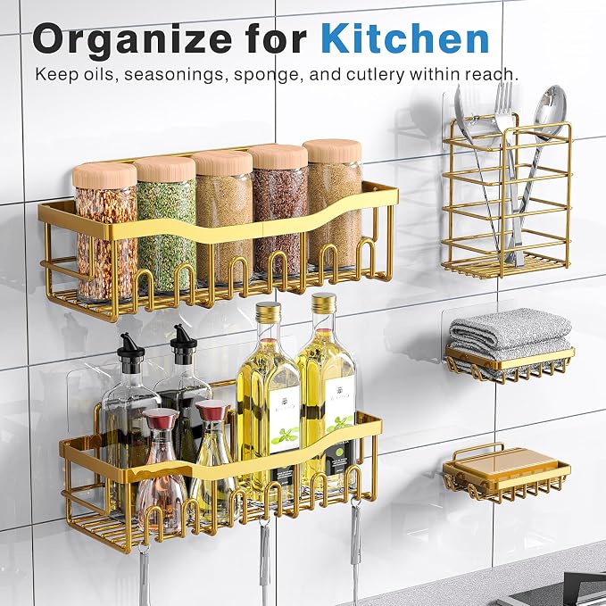 Shower Caddy 5 Pack,Adhesive Shower Organizer for Bathroom Storage&Home Decor&Kitchen,No Drilling,Large Capacity,Rustproof Stainless Steel Bathroom Organizer,Shower Shelves for Inside Shower-Larger - Image 6