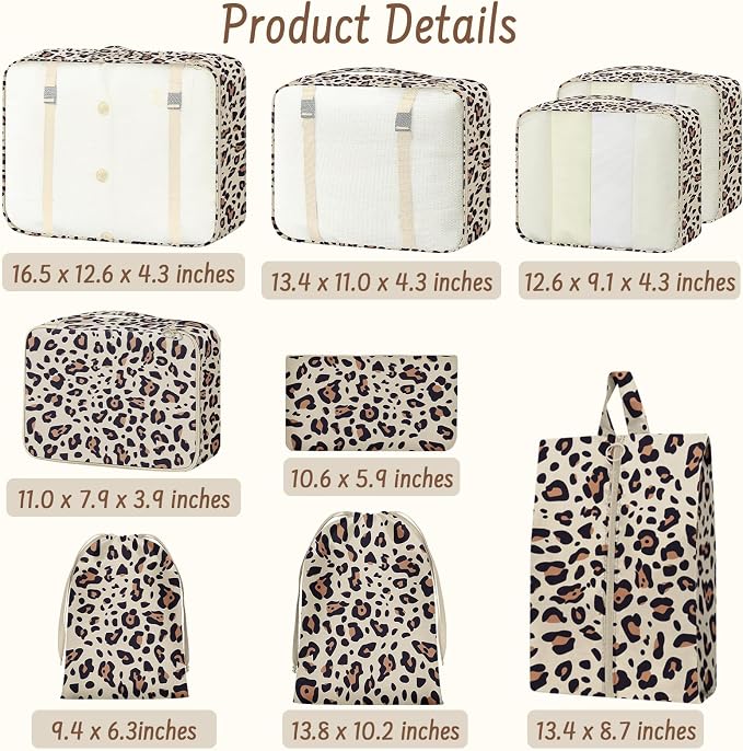 9 Set Packing Cubes for Travel Essentials - Lightweight Carry-On Luggage Organizer Bags with Shoe, Clothes & Laundry Bags for Airplane, Family & Business Travel, Leopard print - Image 2