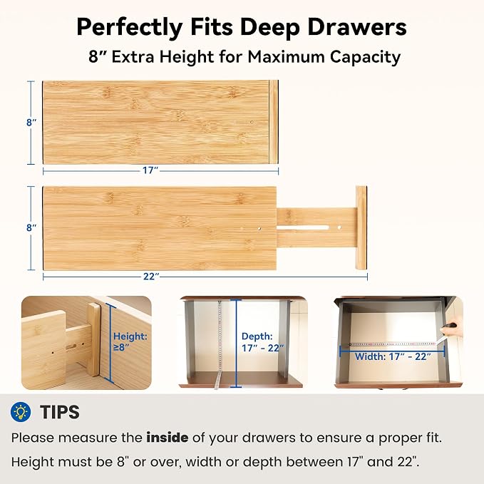 4 Pack 8" Deep Bamboo Drawer Dividers, 17-22" Expandable Kitchen Organizers | Adjustable Spring-Loaded Tension Separators with Foam Pad for Clothes, Utensils, Kitchen, Dresser, Nursery & Bathroom - Image 2