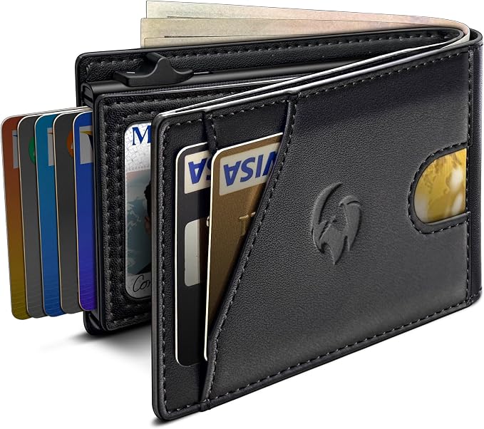 Wallet for Men, Slim Pop Up Card Holder with RFID Blocking, Minimalist Bifold Wallet with 9 Card Slots, ID Window and Cash Pocket, Metal Flip Case with Magnetic Closure, Gift Box by Housmai