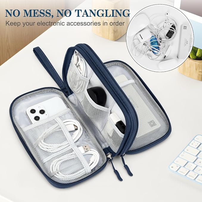 FYY Electronic Organizer, Travel Tech Pouch Bag, Medium, Navy | Wrist Strap, Waterproof, Double Layers Portable Electronics Travel Carrying Case for Cord, Charger, Daily Business Trips Use - Image 5