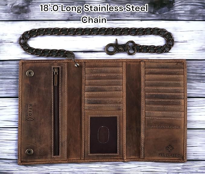 F&L CLASSIC RFID Blocking Mens Tri-fold Long Style Cowhide Leather Steel Chain Wallet,brown distress with skull,212-70 - Image 2