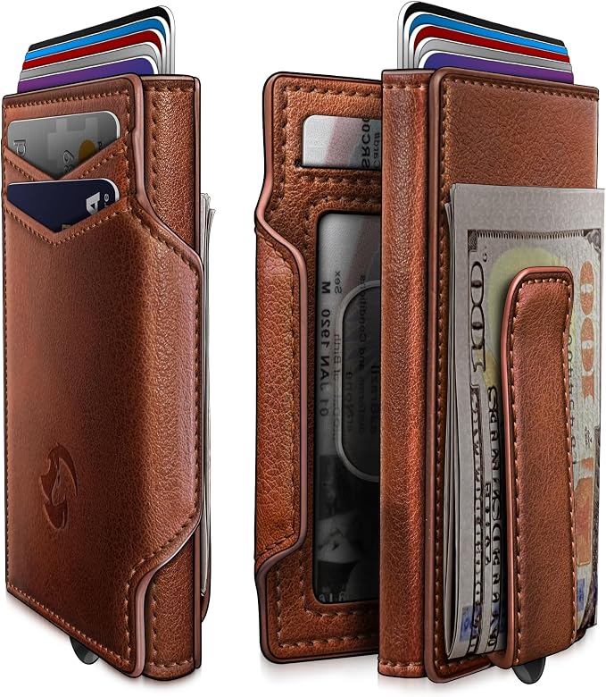 Wallet for Men, Slim Pop Up Card Holder with RFID Blocking, Minimalist Bifold Wallet with 10 Card Slots, 2 ID Window and Money Clip, Metal Flip Case with Magnetic Closure, Gift Box by Housmai