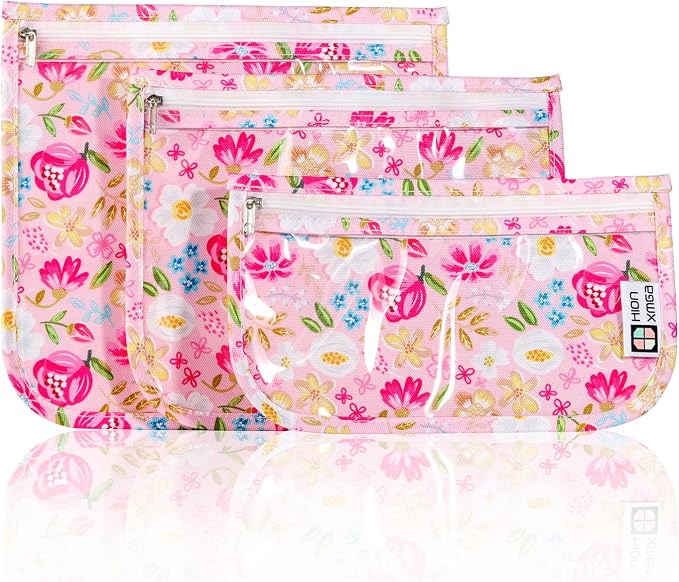 HIONXMGA Set of 3 Clear Travel Toiletry Bag, TSA Approved, Quart Size S/M/L | Clear Front Zipper Pouches Waterproof Cosmetics Bags for Women Kids Toiletries Baby Essentials Well-Organized Carry, Flowers by HIONXMGA