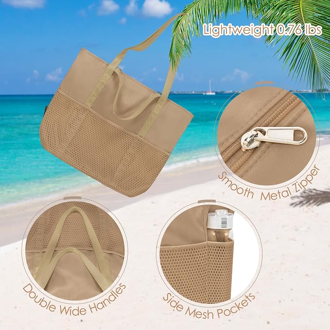 KABAQOO Large Beach Bag Waterproof Sandproof Tote Bag for Women with Zipper & Mesh Pockets for Pool Swim Travel Everyday | waterproof - Image 7