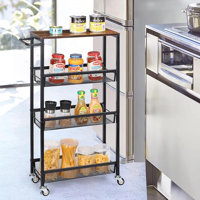 MOOACE Slim Storage Cart, 4 Tier Rolling Kitchen Shelving Unit on Wheels Mobile Narrow Cart with Wooden Tabletop for Bathroom, Laundry Narrow Places, 16.6''x 7.3''x 31.1''inch by MOOACE