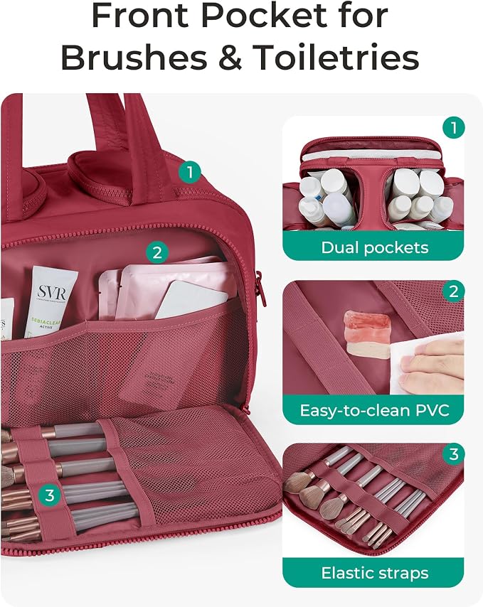 BAGSMART Travel Toiletry Bag, Puffy Toiletry Bag for Women, Wide-open toiletry bags for traveling, Large Travel Cosmetic Makeup Bag Organizer for Accessories,Toiletrie (Vintage Berry) - Image 2
