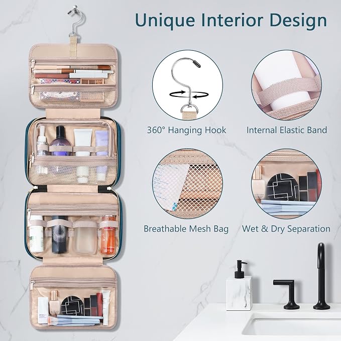 Toiletry Bag for Women, Hanging Travel Toiletry Bag with Jewelry Organizer Compartment Large Makeup Bag, PVC Waterproof Cosmetic Travel Bag for Travel Business Trips Camping Bathroom, Blue - Image 5