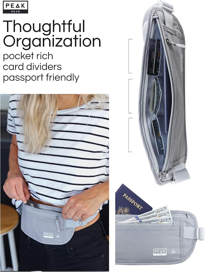 Peak Gear Travel Money Belt. Premium Quality Travel Wallet with RFID Blocking Fabric to Protect Credit Cards, Passports and Documents. Exclusive Theft Protection and 2 Recovery Tags | Gray - Image 3