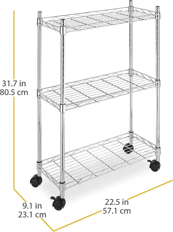 Whitmor 3 Tier Shelving Unit, Metal Storage Shelves, Adjustable Heavy Duty Shelf with Wheels , 400 lbs Capacity per Shelf, 1200 lbs Total for Home, Garage, Workshop, 23"L x 13"W x 30"H, Chrome - Image 3