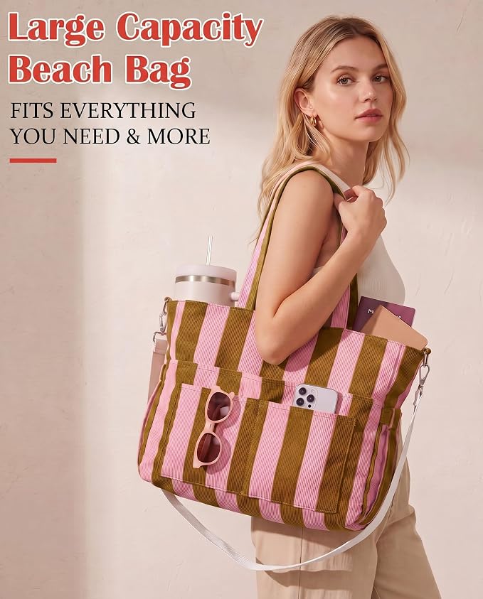 Kacctyen Striped Beach Tote Bag for Women Large Beach Foldable Tote Bag with Zipper Pockets for Travel Pool - Image 4