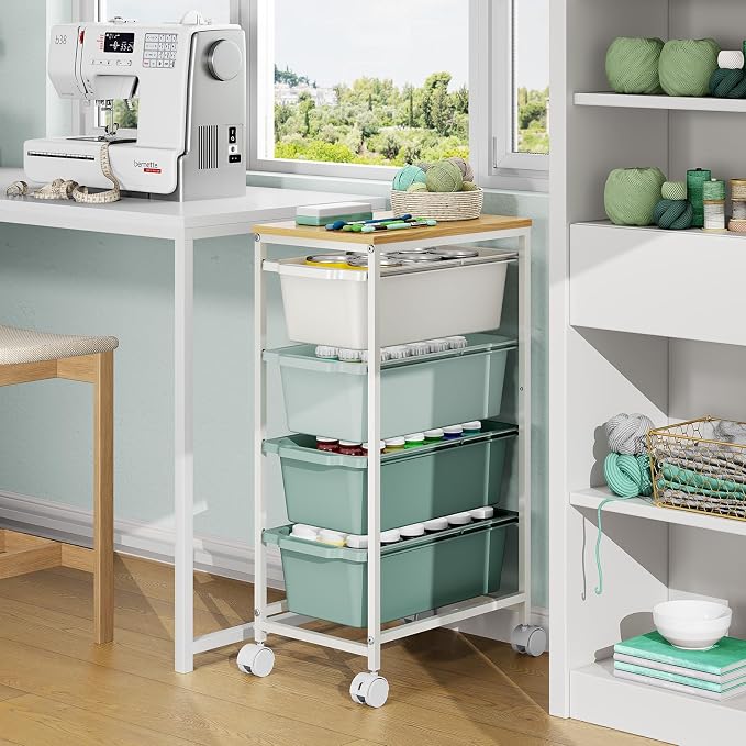 KINGBOARD Slim Rolling Cart with 4 Drawers, Metal Utility Storage Cart | Wooden Tabletop, Lockable Wheels, Table Side Trolley for Bedroom, Children's Room and Office Organization, Green - Image 6