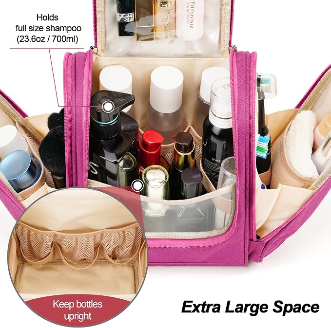 Hanging Travel Toiletry Bag for Women and Men, 6 Organizer Compartments, Large Toiletries essentials, Bathroom Cosmetic Accessories, Water-resistant Makeup Bag, Holds Full-Size Shampoo, Rose Red - Image 3