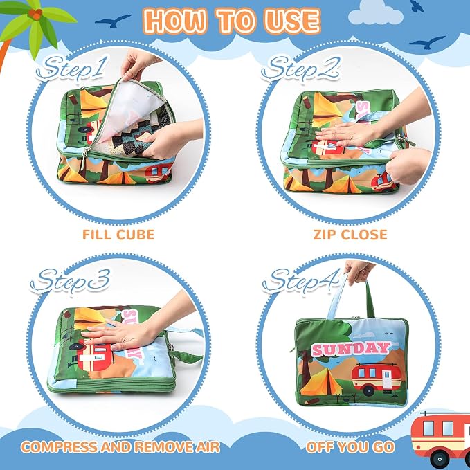 Paterr 7 Pcs Days of Week Packing Cubes for Travel Compression Packing Cubes for Kids Summer Camp Daily Outfit Suitcase Organizers Zippered Storage Bag for Cruise Vacation Essentials(Camping) - Image 7