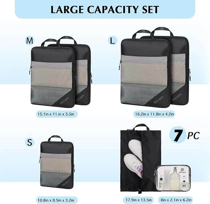 PFEYRPK Lightweight Compression Packing Cubes for Suitcases, Compressible Expandable Travel Packing Organizer with Clear Toiletries and Backpack Bag, Travel Essentials for Carry on Luggage 7 Set - Image 7