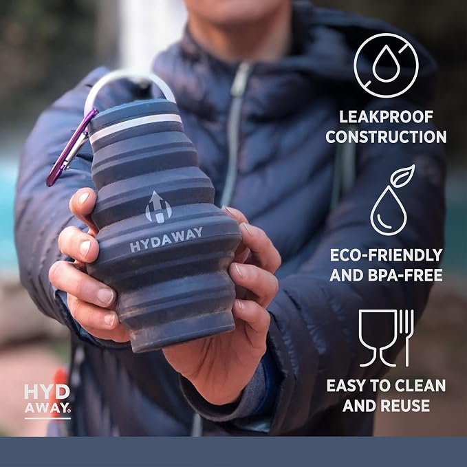 HYDAWAY 17oz Collapsible Water Bottle, Packable Leakproof for Travel | Travel-first design. Fold flat to 1.5 in for carry-ons, purses, seatbacks. Leakproof, BPA-free, dishwasher safe. - Image 3