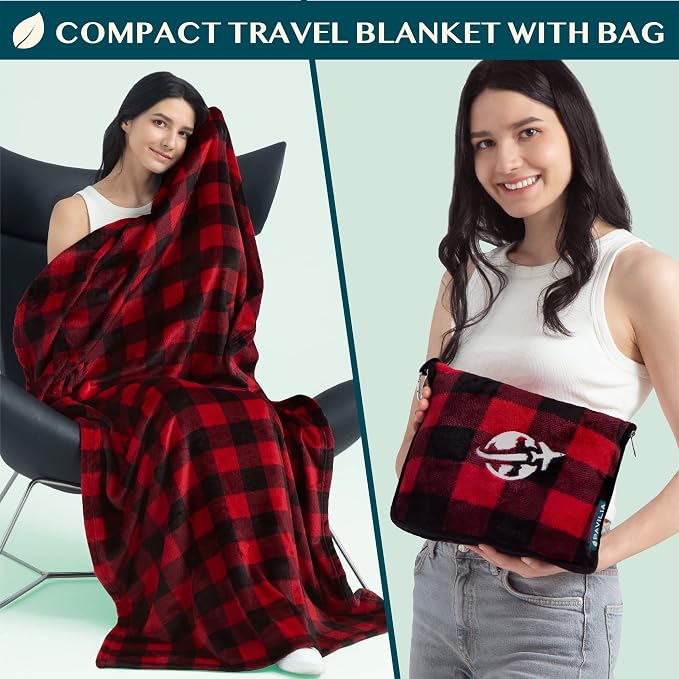 PAVILIA Travel Blanket and Pillow, Arms Opening Airplane Blankets for Adults, Compact Plane Blanket with Arm Hole 2-in-1 Bag for Flight Car Camping Luggage Backpack Traveler Gift, Checkered Red - Image 3