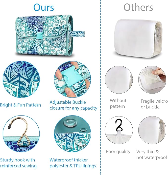FINTIE Portable Toiletry Cosmetic Travel Bag Hanging Makeup Organizer | Large Water Resistant Storage Pouch Case, For Women Girls, Emerald Illusions - Image 4