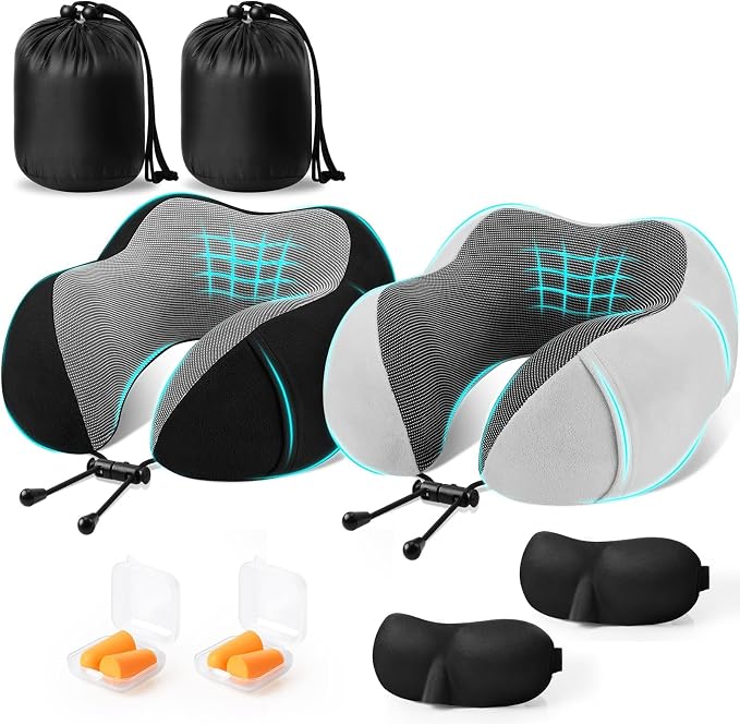 CloudBliss Memory Foam Travel Neck Pillow, Set of 2, Black & Light Grey | Travel Neck Pillow for Long Flight, Train, Car & Office, Plane Travel Accessories with Eye Mask, Earplugs, Storage Bag by CloudBliss