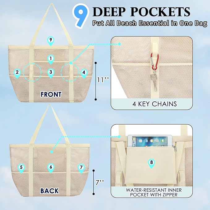 Fammart Mesh Beach Bag for Women, Large Beach Toy Pool Bag with Zipper Pocket, SandProof Cruise Essentials 2026 Family Travel - Image 4