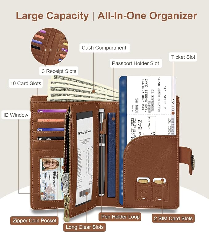 Beige Brown Wallet Women RFID, Passport Holder, Credit Card Holder | 6.7" x 4.4" x 1.3" Bifold, Travel billfold, Zipper Pocket, PU Leather Clutch, Purse, ID Window, Pen Holder, Gift Ladies Girl - Image 3