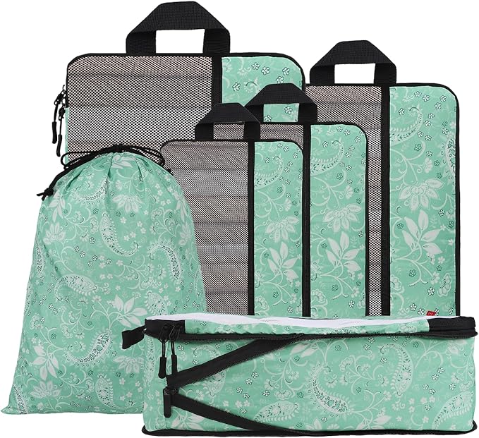 U+U 6 Set Compression Packing Cubes, Travel Organizers (Green Paisley) | Space-Saving & Drawstring Bag Included by UU