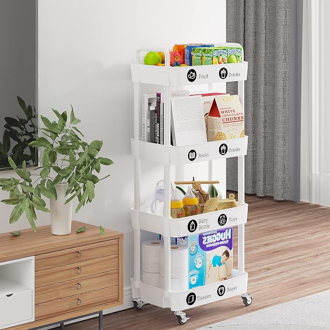 Laiensia 4-Tier Storage Carts,Multifunction Utility Rolling Cart Kitchen Storage Organizer,Mobile Shelving Unit Cart with Lockable Wheels for Bathroom,Laundry,Living Room,With Classified Sticker,White - Image 6