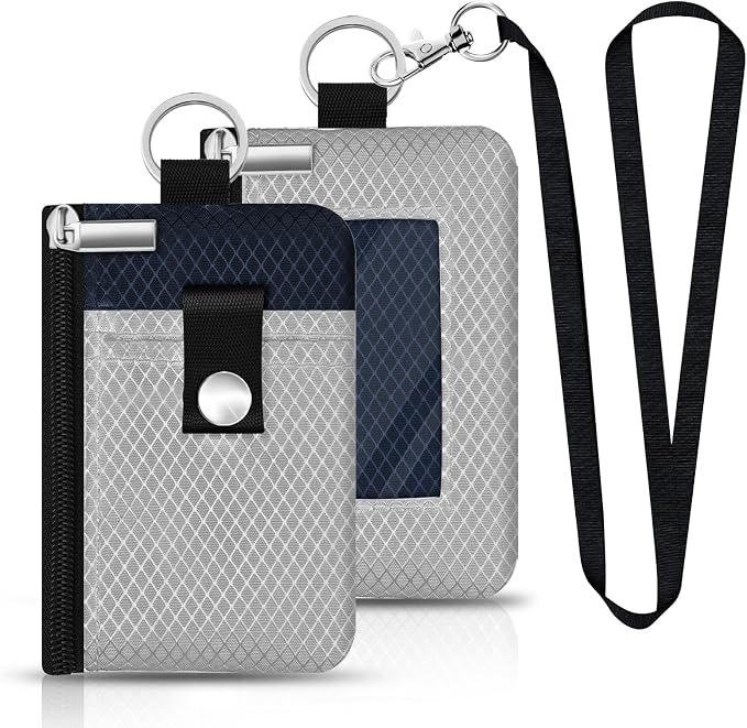Minimalist RFID Blocking Small Wallet with ID Window,WaterResistant Zip Id Case Wallet with Lanyard Keychain for Cards,Cash,Travel,Women,Men (Light gray/Dark blue) - Image 3