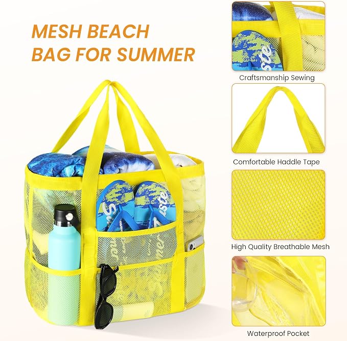 Tavaleu Mesh Beach Bag, Large Capacity Beach Tote, Multi Pockets, Sandproof | Mesh Material, Multiple Storage Pockets, Lightweight & Foldable Design, For Beach & Pool Use, Easy to Clean & Quick Dry - Image 5