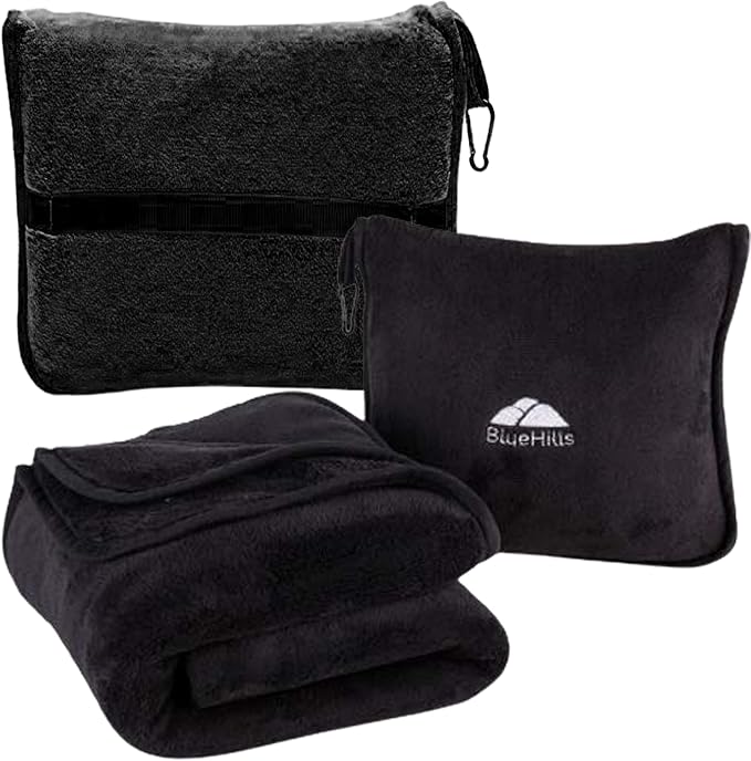BlueHills Premium Soft Travel Blanket Pillow Flight Comfort Throw - Black | Packed in Soft Bag Pillowcase with Luggage Strap, Carabiner, Long Flight Essentials, Compact Travel Pillow Converts Blanket by BlueHills