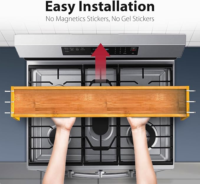 IIIOIIIA Bamboo Over the Stove Spice Shelf for Kitchen, 31.5" Spice Rack Organizer Shelf with 6 hooks, 11.4" Height Extra Storage Countertop, Easy to Assemble - Image 4