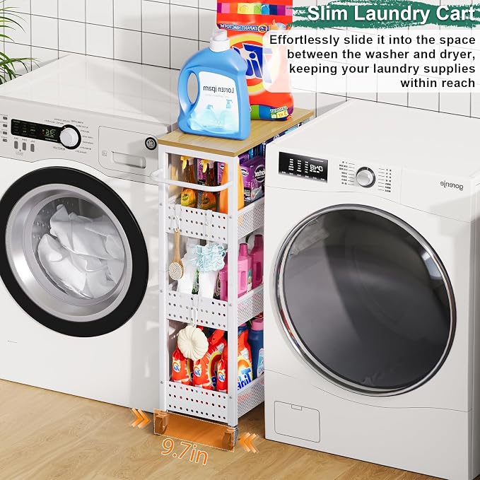 Laundry Room Slim Rolling Cart with Wheels for Between Washer and Dryer Gap | Utility Narrow Laundry Room Organization and Storage Shelves, White Skinny Shelf with Table Top,Detergent Organizer Cabinet - Image 4