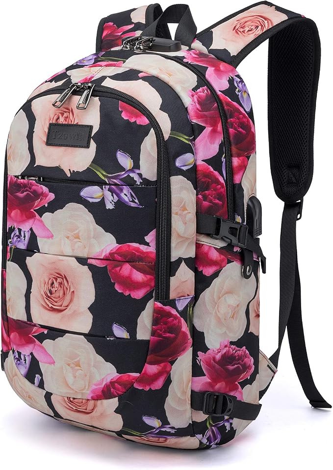 Tzowla Business Laptop Backpack Water Resistant Anti-Theft with USB Charging Port and Lock 15.6 Inch Computer Backpacks for Men, Women, Casual Hiking Travel Daypack (Flower) by Tzowla