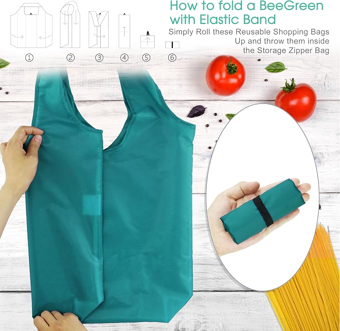 BeeGreen Marrs Reusable Grocery Bags Wholesale Green Reusable Kitchen Bags Bulk Foldable-Machine Washable with Zipper Storage Pouch 50 Packs - Image 4