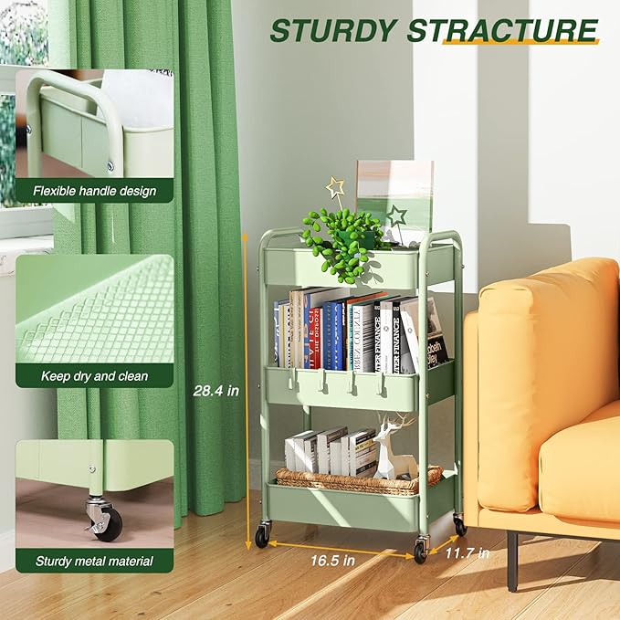 LEHOM 3 Tier Rolling Cart, Metal Rolling Utility Cart with Lockable Wheels | Multi-Functional Heavy Duty Storage Cart Organizer for Bathroom, Kitchen, Office, Living Room, Rolling Storage Trolley - Image 3