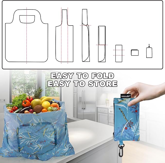 HOLYLUCK Reusable Grocery Bags,Heavy Duty Foldable Shopping Tote Bag (Standard, Blue leaves) - Image 5