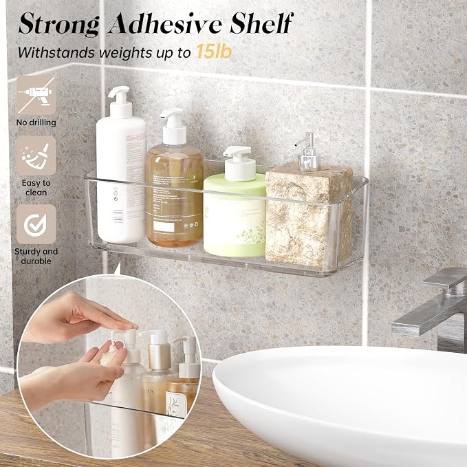 PAVSTINE 2 Pcs Clear Shower Shelf, Large Bathroom Wall Mounted Shower Caddy | No Drill Self Adhesive Bathroom Organizer with Self Adhesive Tape - Image 3